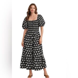 Amara Black White Smocked Midi Dress Puff Sleeve Cotton Size M